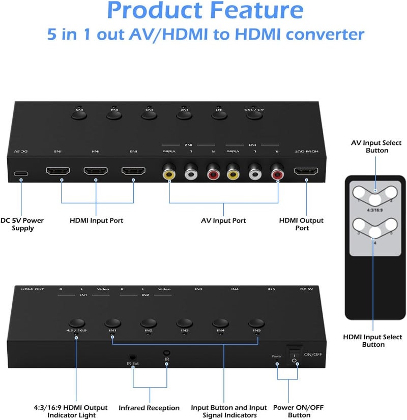 OseTub مفتاح HDMI و AV 2 في 1 – العب PS5 والألعاب الكلاسيكية على تلفاز واحد، 3 HDMI 2.0 (4K HDR) + 2 مدخل RCA – يدعم Xbox Series X/Switch/Wii/PS2/N64 – HDCP 2.2، 3D، تبديل 4:3/16:9 - Image 3